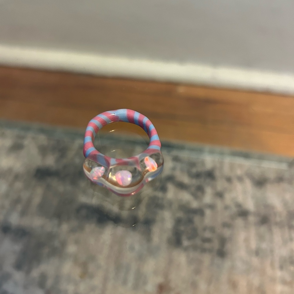 Pink and blue striped glass ring size 11.5
